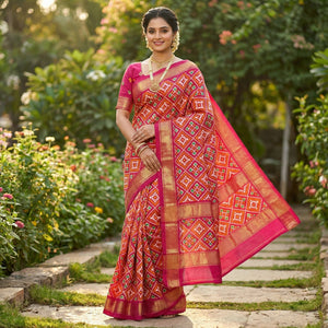 Pink Ikkat Print Dola Silk Saree Highlighted with an Elegant Zari Border - Image 1