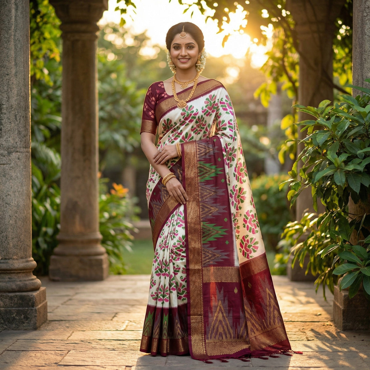 Cream & Wine Ikkat Woven Dola Silk Saree Accented with Zari Border - Image 1