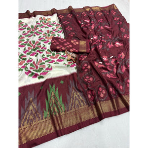 Cream & Wine Ikkat Woven Dola Silk Saree Accented with Zari Border - Image 3