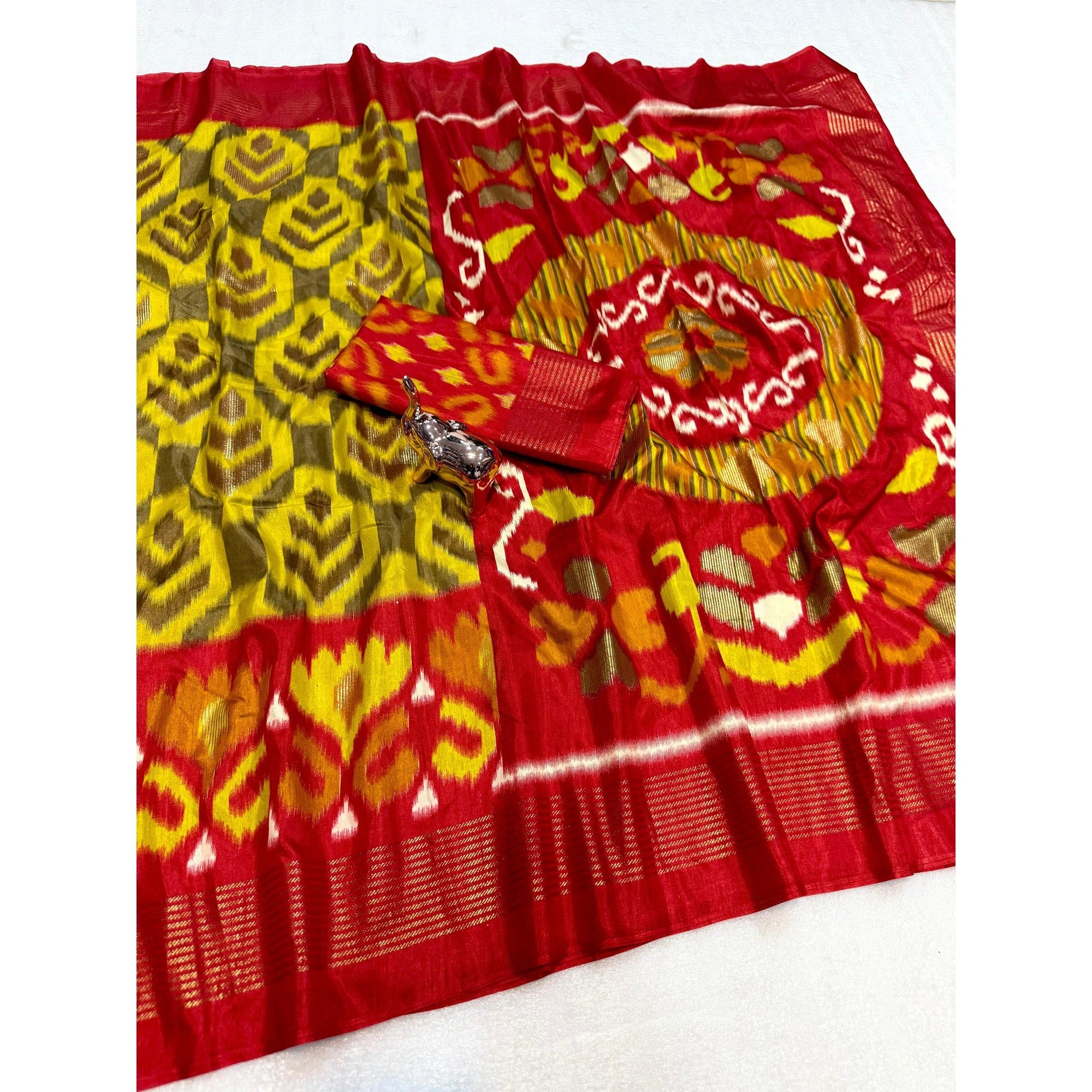 Yellow & Red Ikkat Woven Dola Silk Saree Accented with Zari Border - Image 3