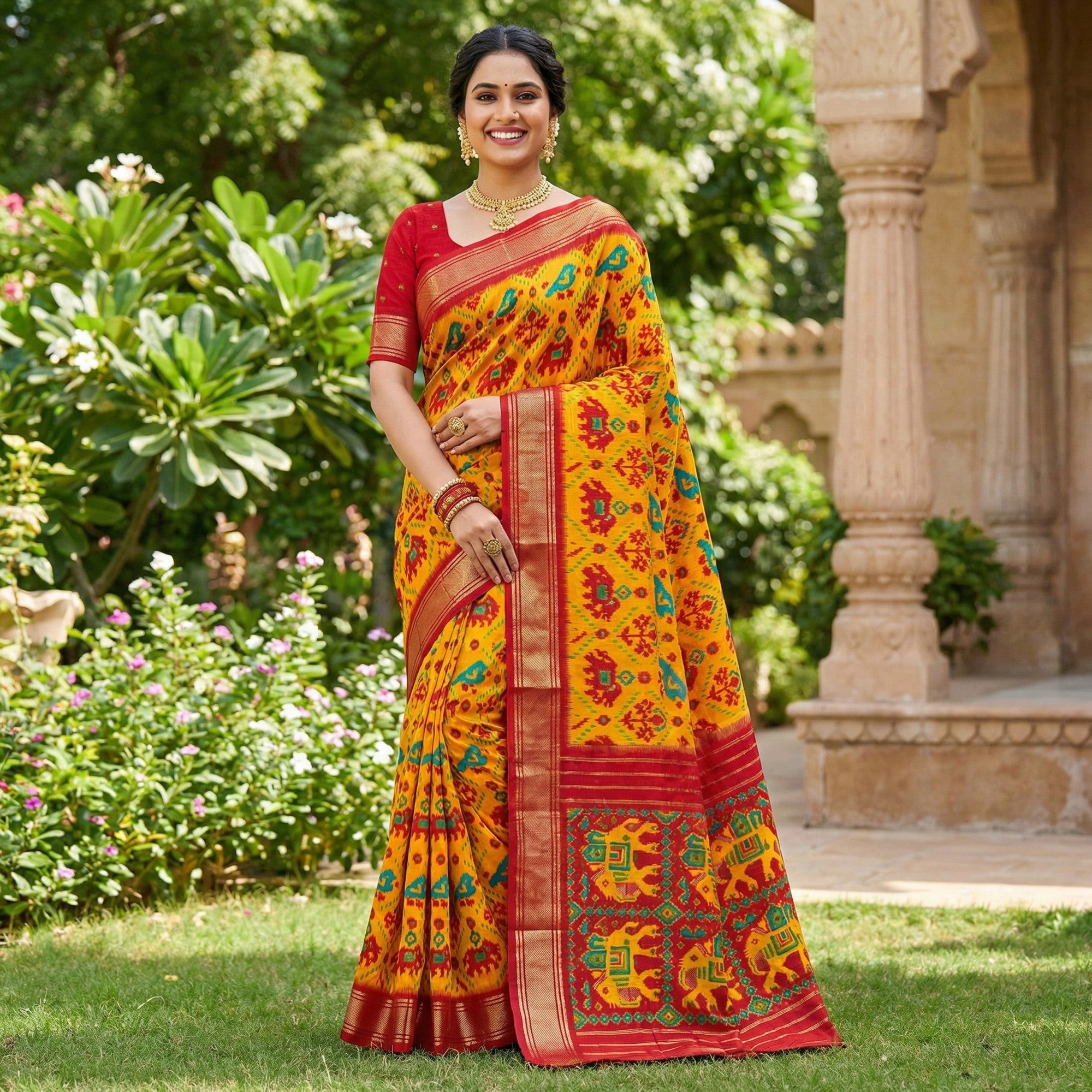 Vibrant Mustard & Red Ikkat Woven Saree in Dola Silk with Zari Edging - Image 1