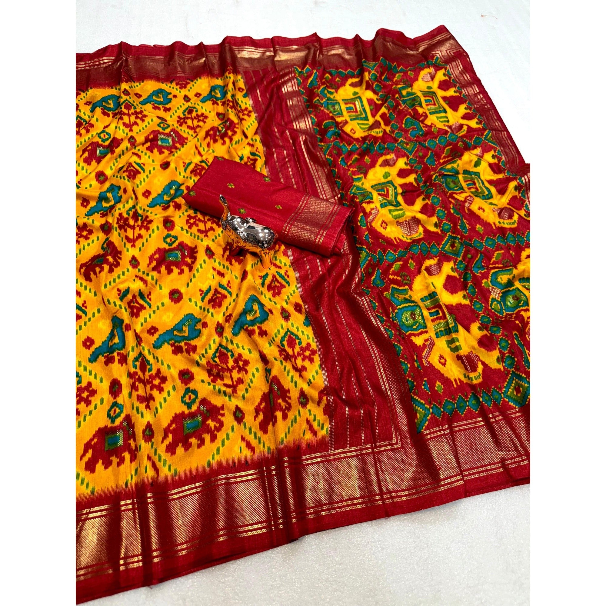 Vibrant Mustard & Red Ikkat Woven Saree in Dola Silk with Zari Edging - Image 3