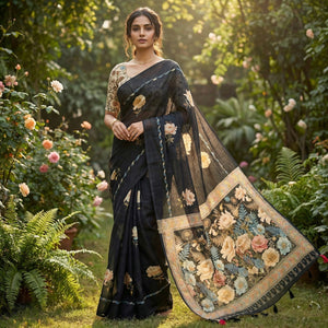 Elegant Black Linen Saree with Floral Print and Border Detail - Image 1