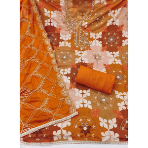 Elegant Orange Sequins Embroidered Cotton Silk Dress Material With Digital Print & Moti Handwork - Image 1