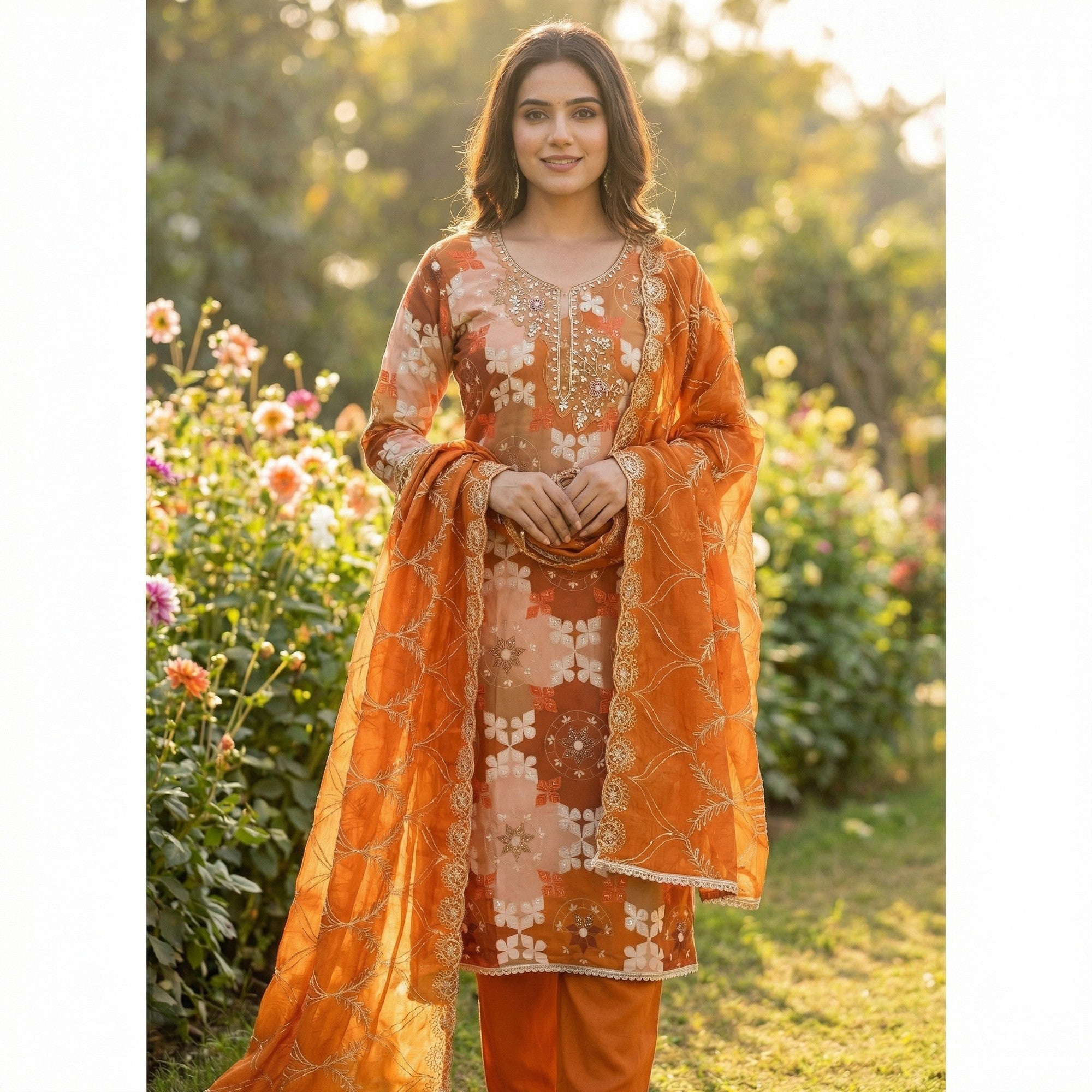 Elegant Orange Sequins Embroidered Cotton Silk Dress Material With Digital Print & Moti Handwork - Image 1