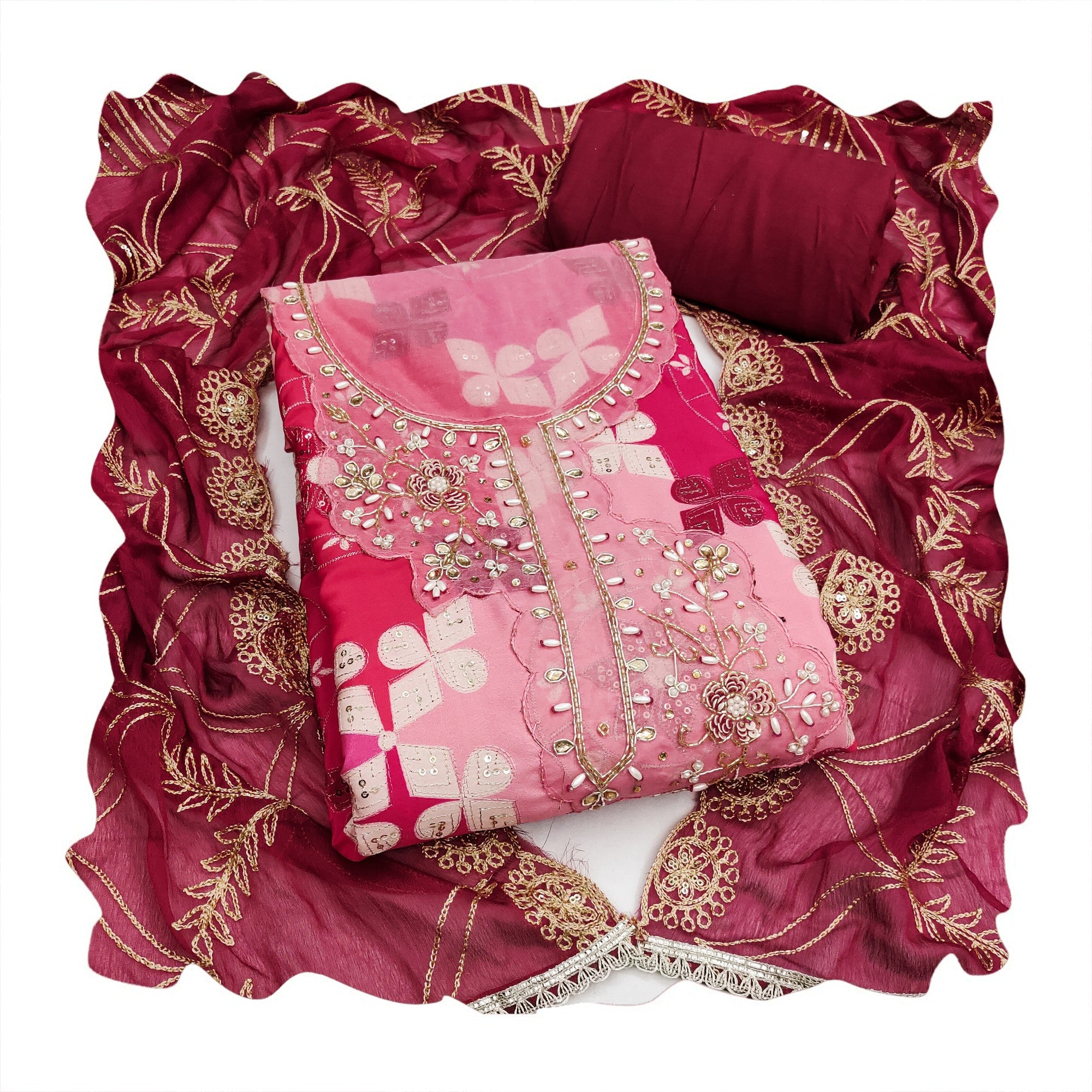 Elegant Pink Sequins Embroidered Cotton Silk Dress Material With Digital Print & Moti Handwork - Image 3