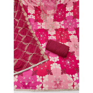 Elegant Pink Sequins Embroidered Cotton Silk Dress Material With Digital Print & Moti Handwork - Image 2