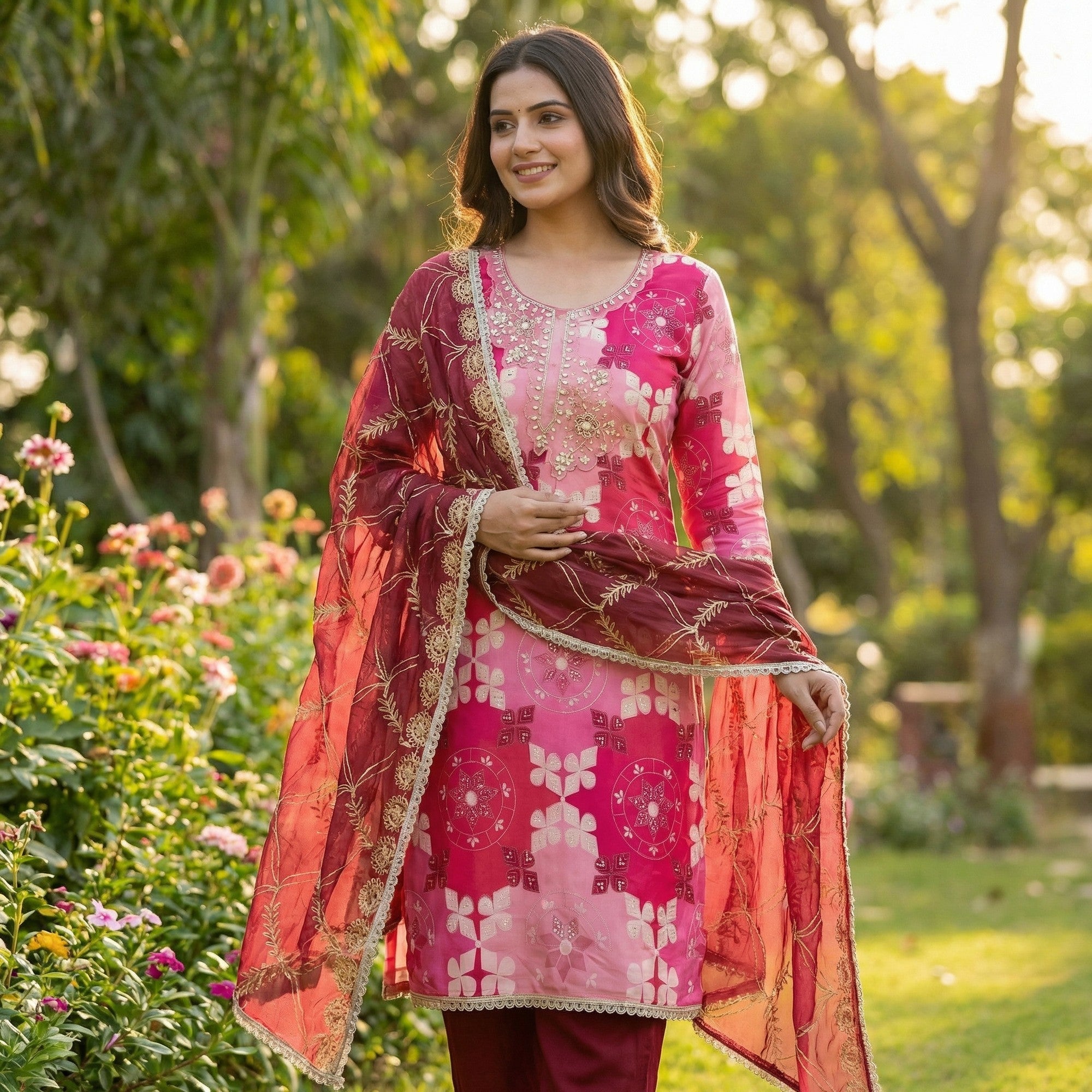 Elegant Pink Sequins Embroidered Cotton Silk Dress Material With Digital Print & Moti Handwork - Image 1