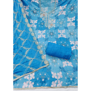 Elegant Blue Sequins Embroidered Cotton Silk Dress Material With Digital Print & Moti Handwork - Image 2