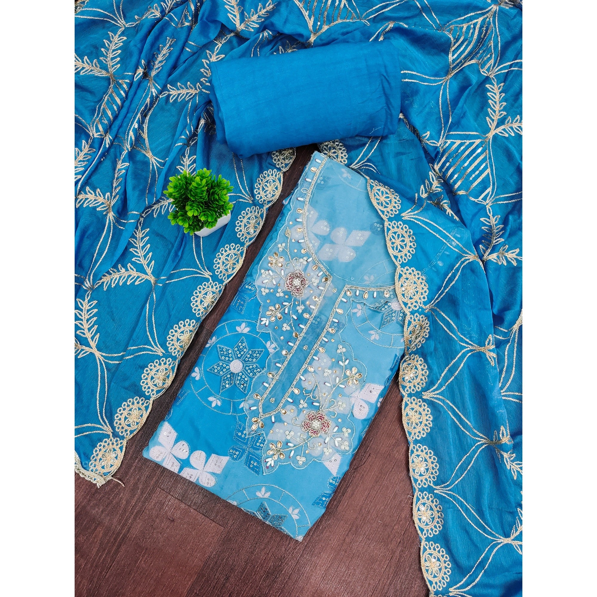 Elegant Blue Sequins Embroidered Cotton Silk Dress Material With Digital Print & Moti Handwork - Image 3