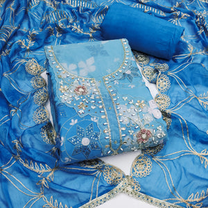 Elegant Blue Sequins Embroidered Cotton Silk Dress Material With Digital Print & Moti Handwork - Image 4