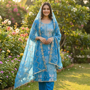 Elegant Blue Sequins Embroidered Cotton Silk Dress Material With Digital Print & Moti Handwork - Image 1