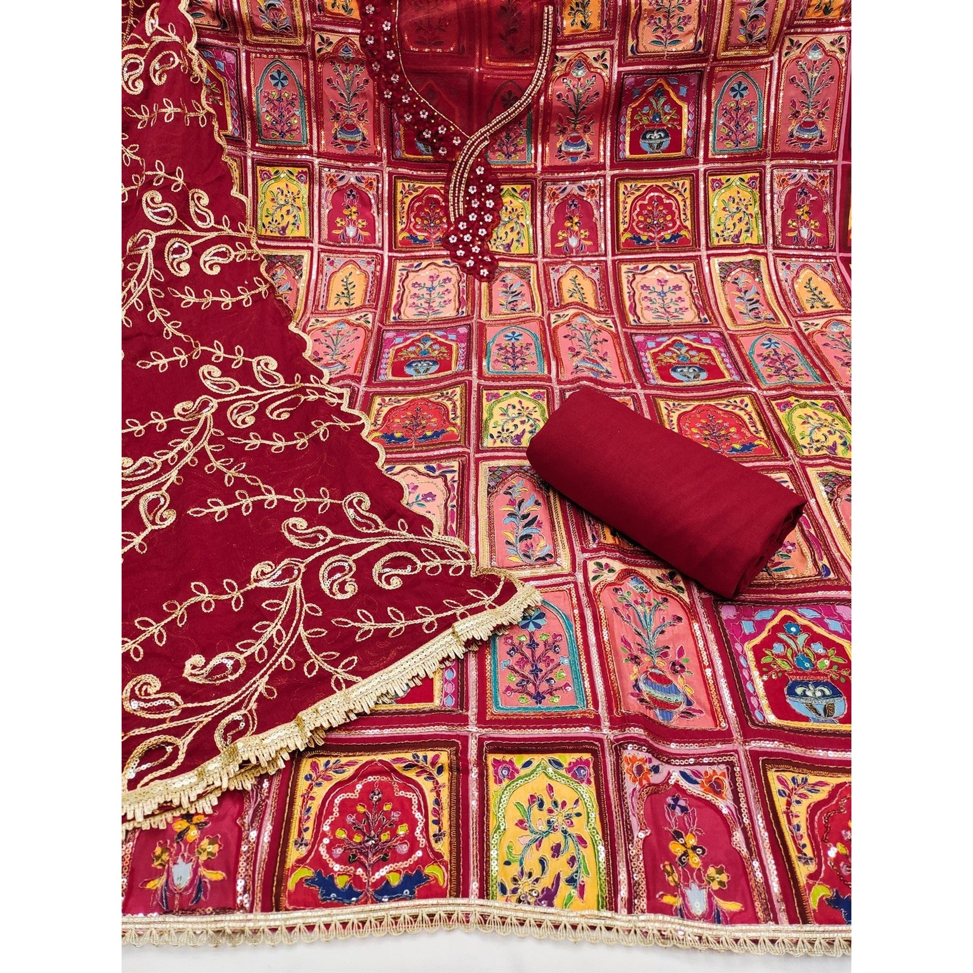 Elegant Maroon Floral Embroidered Viscose Dress Material Adorned With Sequins & Moti Handwork - Image 2
