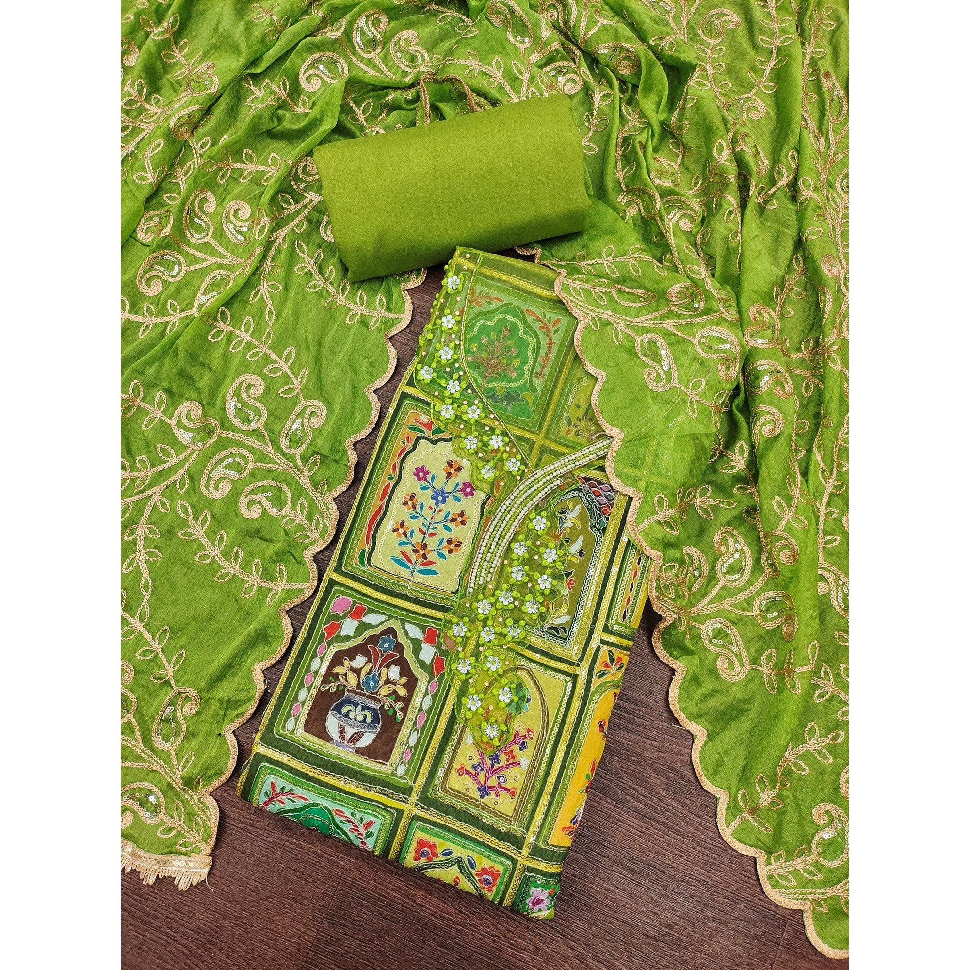 Elegant Green Floral Embroidered Viscose Dress Material Adorned With Sequins & Moti Handwork - Image 3