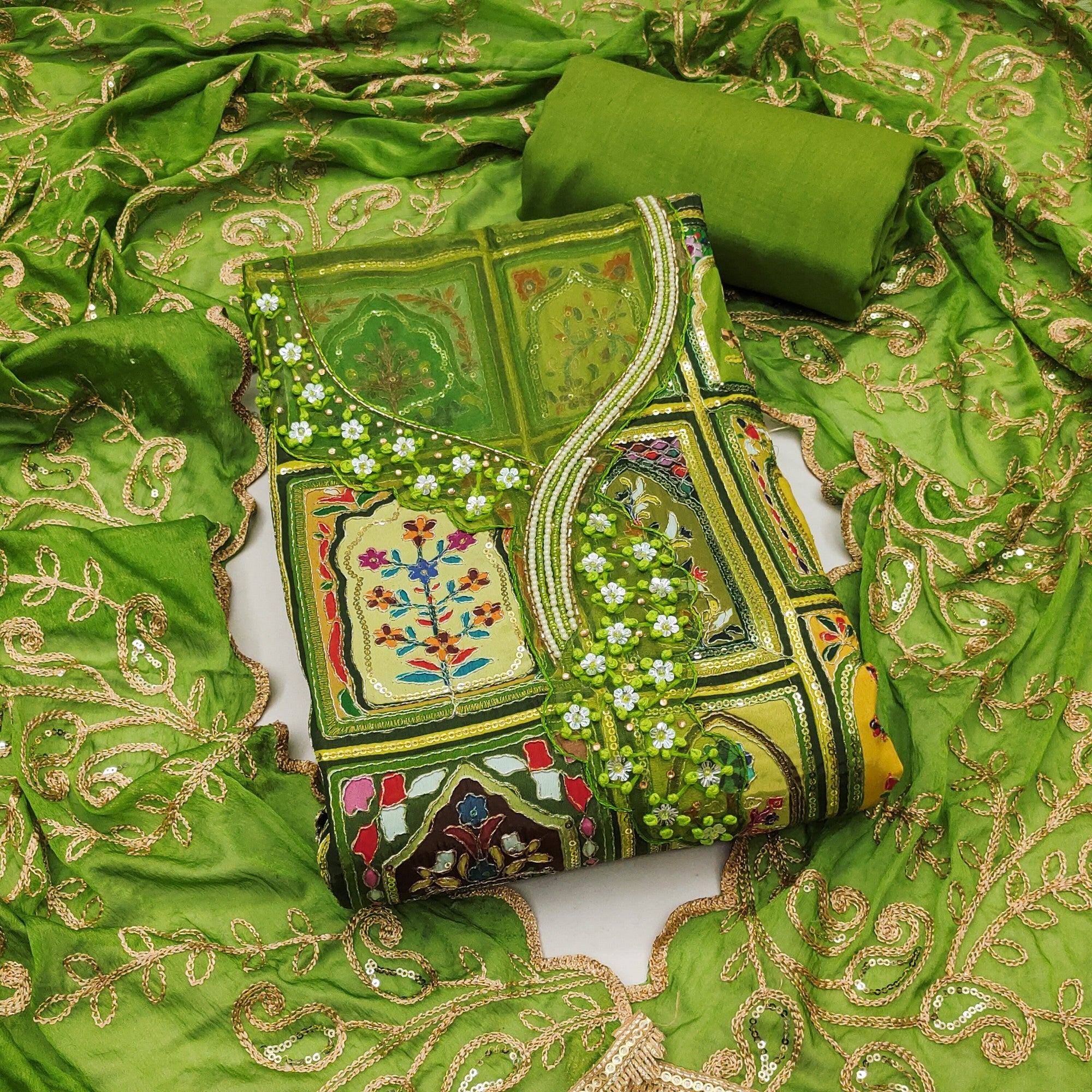 Elegant Green Floral Embroidered Viscose Dress Material Adorned With Sequins & Moti Handwork - Image 4