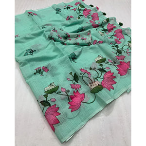 Luxurious Sea Green Pichwai Printed Linen Cotton Saree with Decorative Fancy Latkan Pallu - Image 3