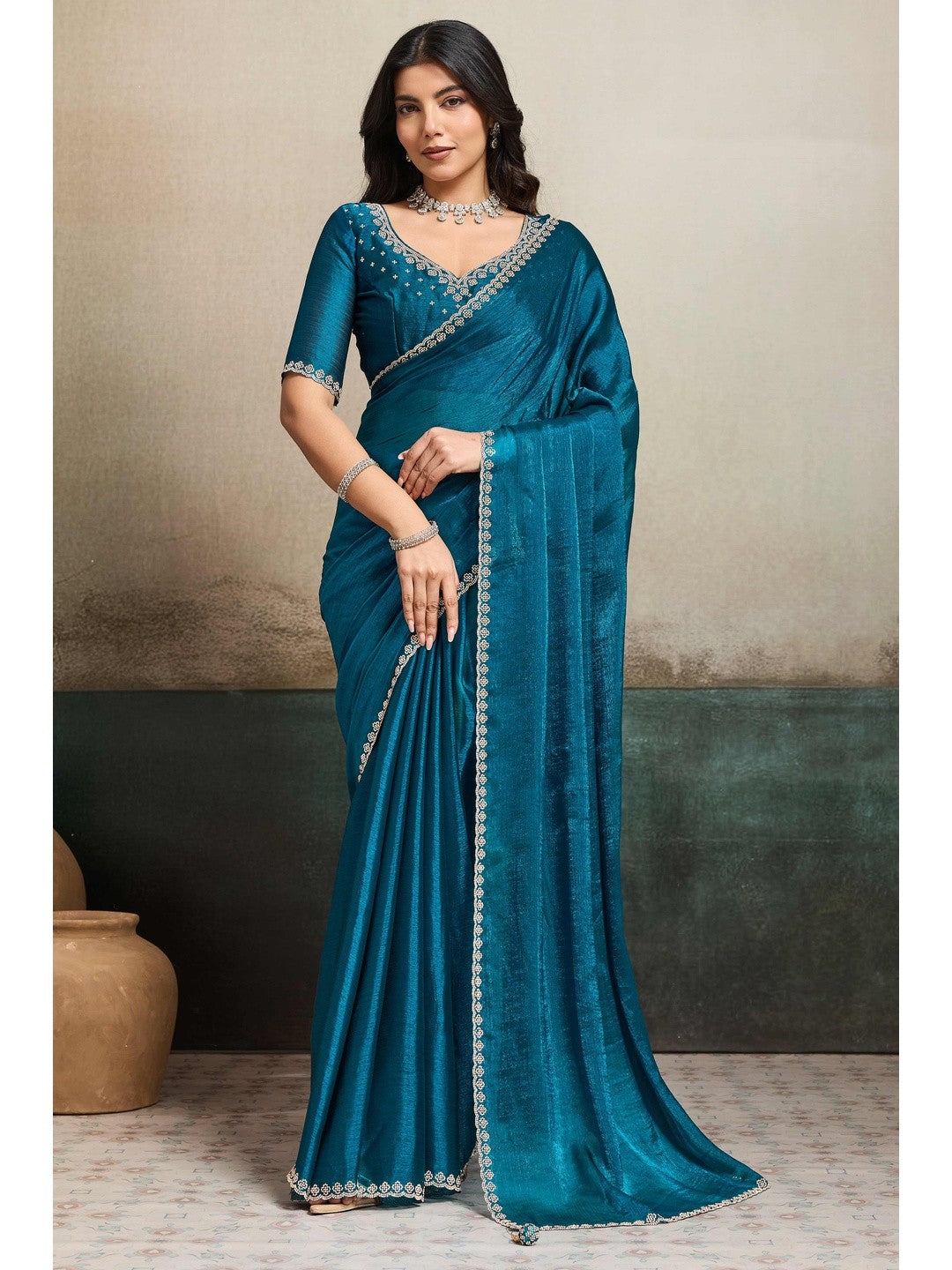 Elegant Morpich Blue Solid Organza Chiffon Silk Saree Highlighted With Jarkan Work Border - Image 1