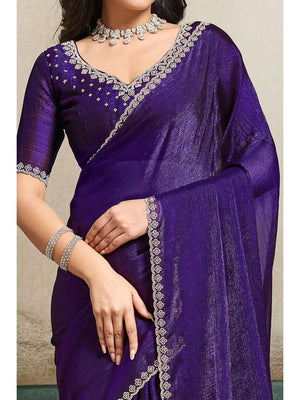 Elegant Royal Purple Solid Organza Chiffon Silk Saree Highlighted With Jarkan Work Border - Image 2