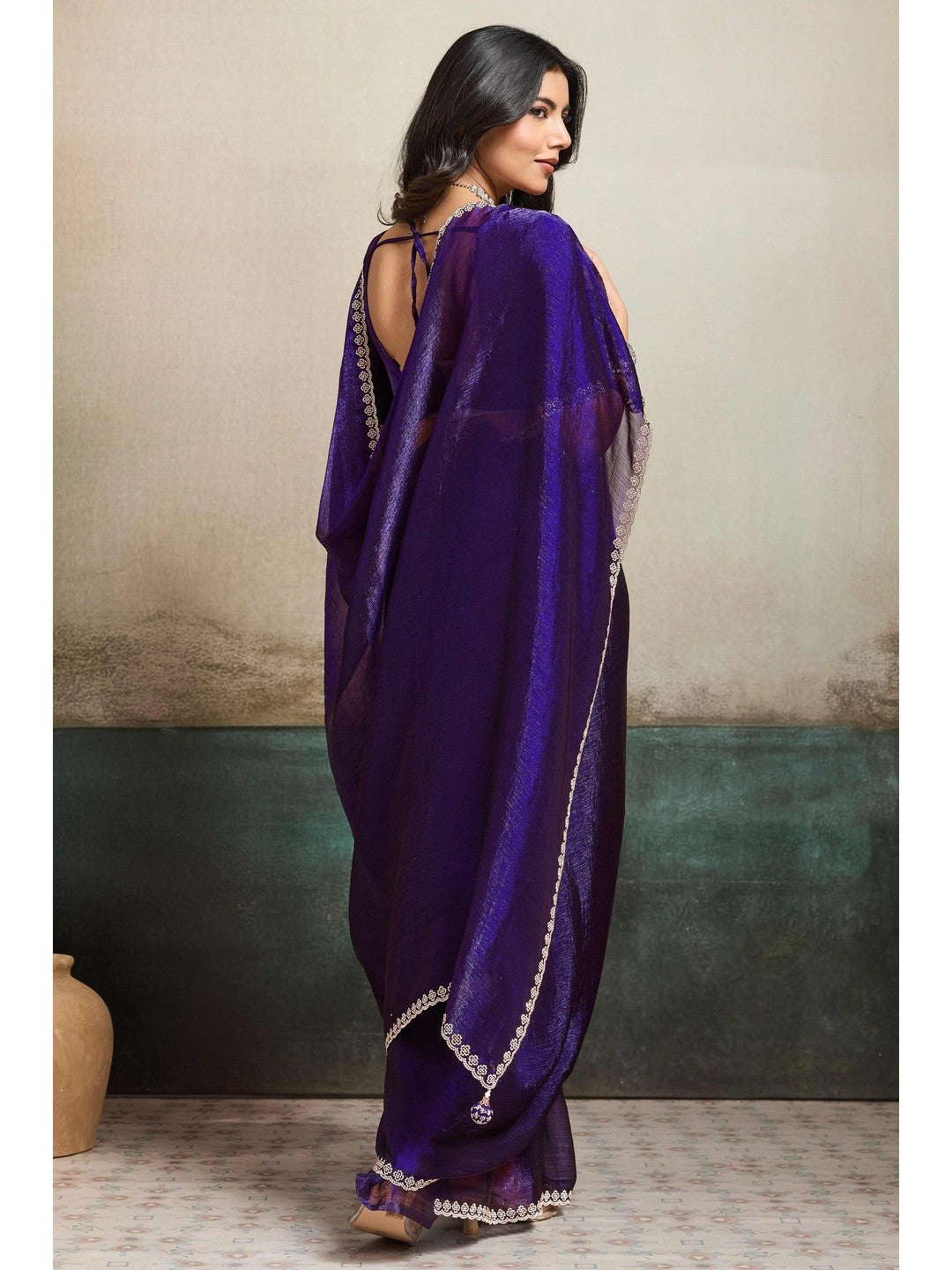 Elegant Royal Purple Solid Organza Chiffon Silk Saree Highlighted With Jarkan Work Border - Image 5