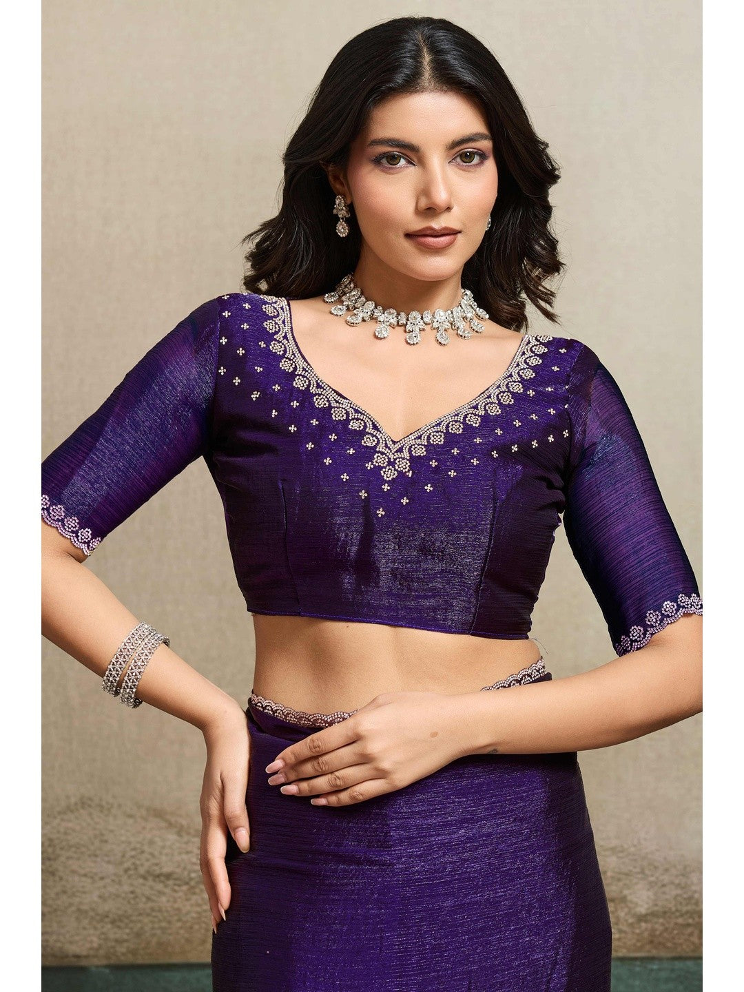 Elegant Royal Purple Solid Organza Chiffon Silk Saree Highlighted With Jarkan Work Border - Image 7