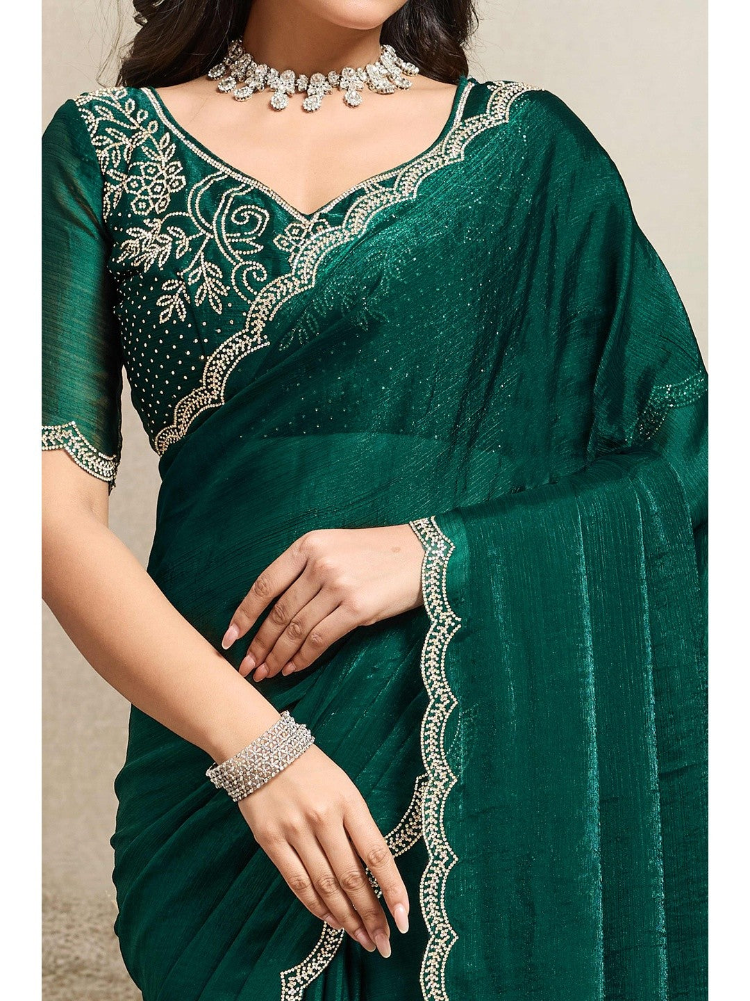 Elegant Bottle Green Solid Organza Chiffon Silk Saree Highlighted With Jarkan Work Border - Image 2