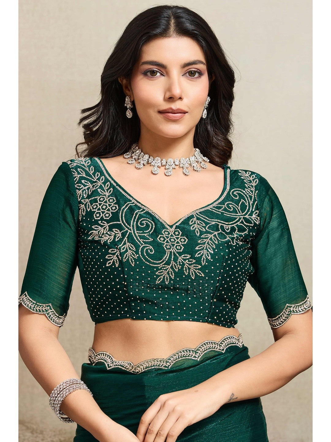 Elegant Bottle Green Solid Organza Chiffon Silk Saree Highlighted With Jarkan Work Border - Image 7
