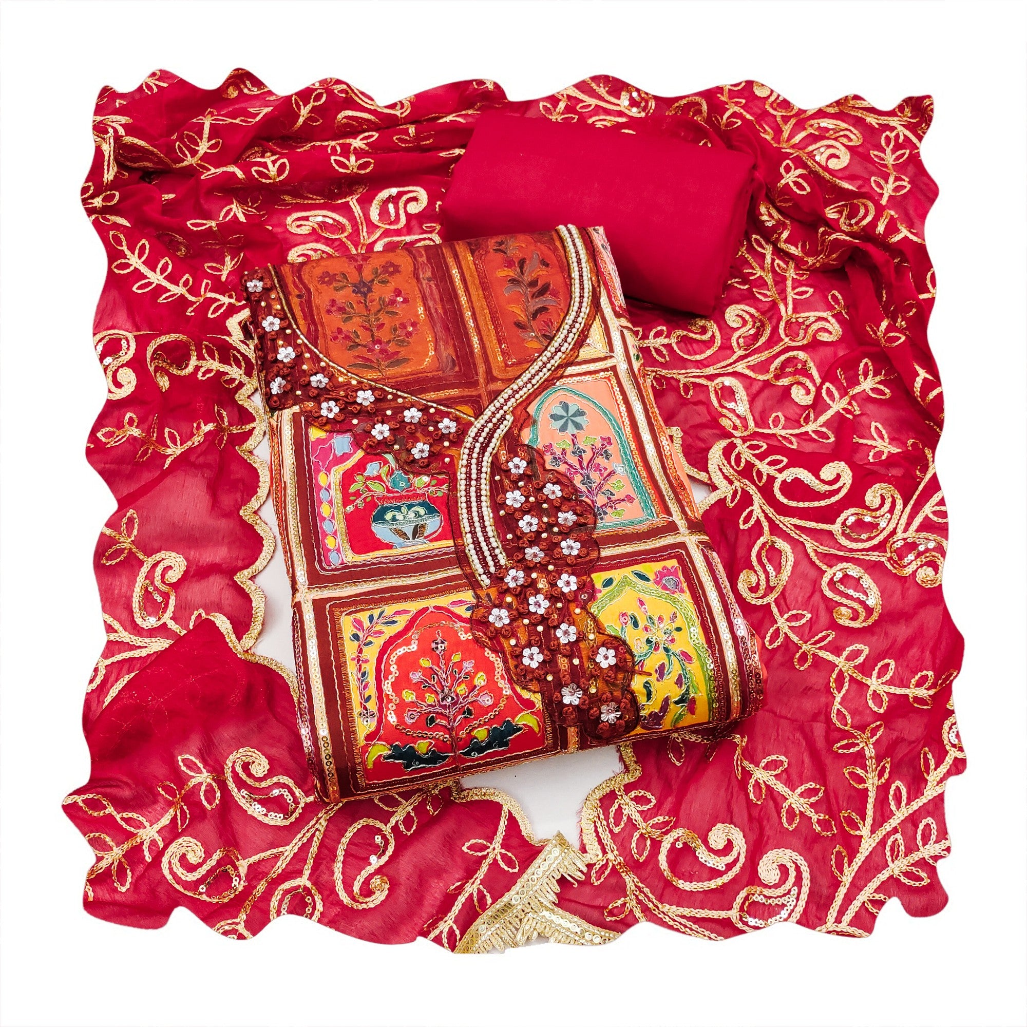 Elegant Red Floral Embroidered Viscose Dress Material Adorned With Sequins & Moti Handwork - Image 3