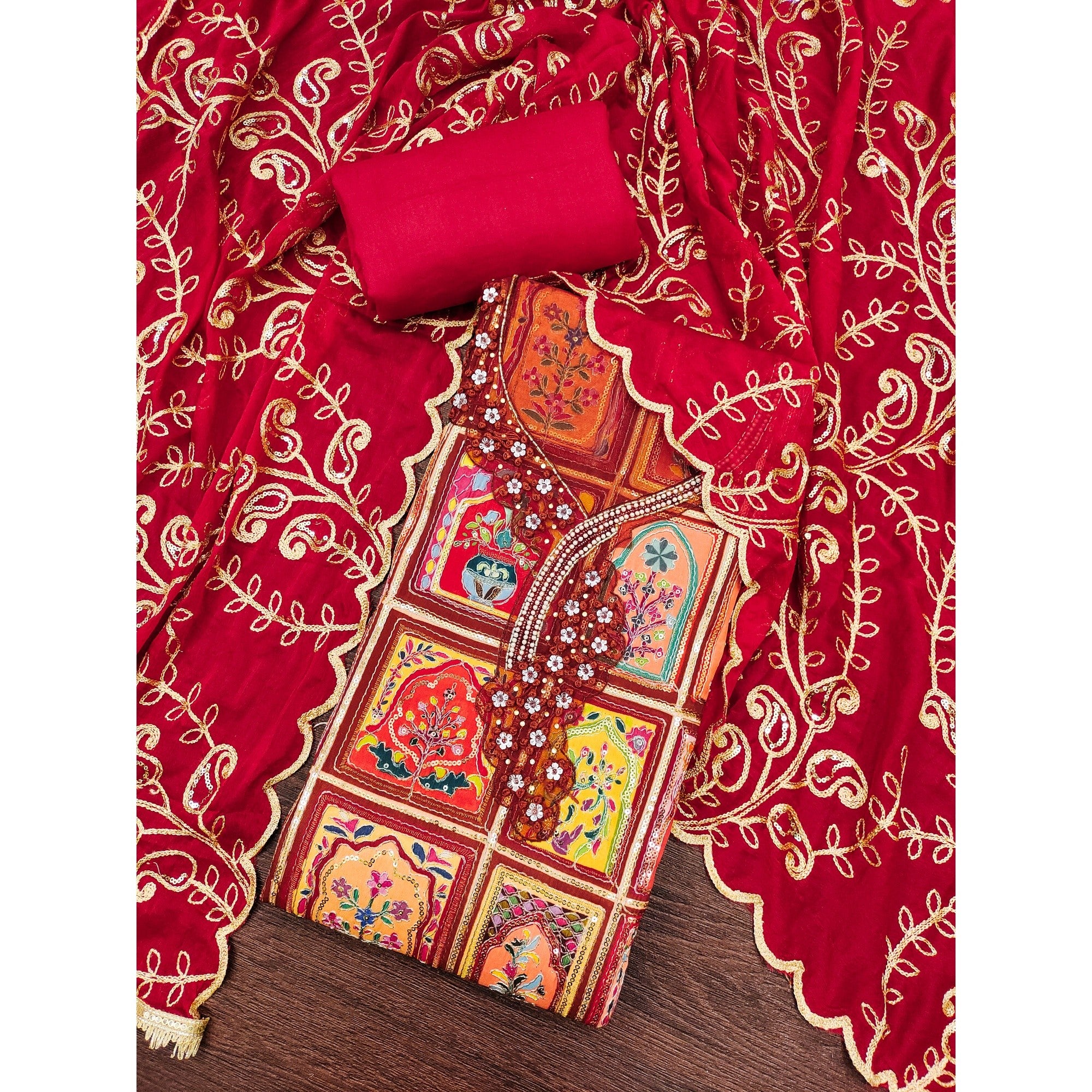 Elegant Red Floral Embroidered Viscose Dress Material Adorned With Sequins & Moti Handwork - Image 4