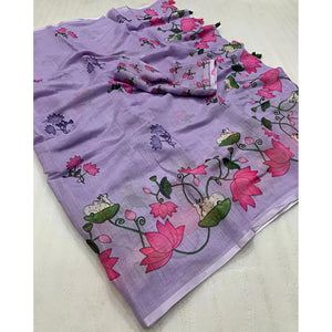 Elegant Lavender Pichwai Printed Linen Saree with Tassel Details - Image 3