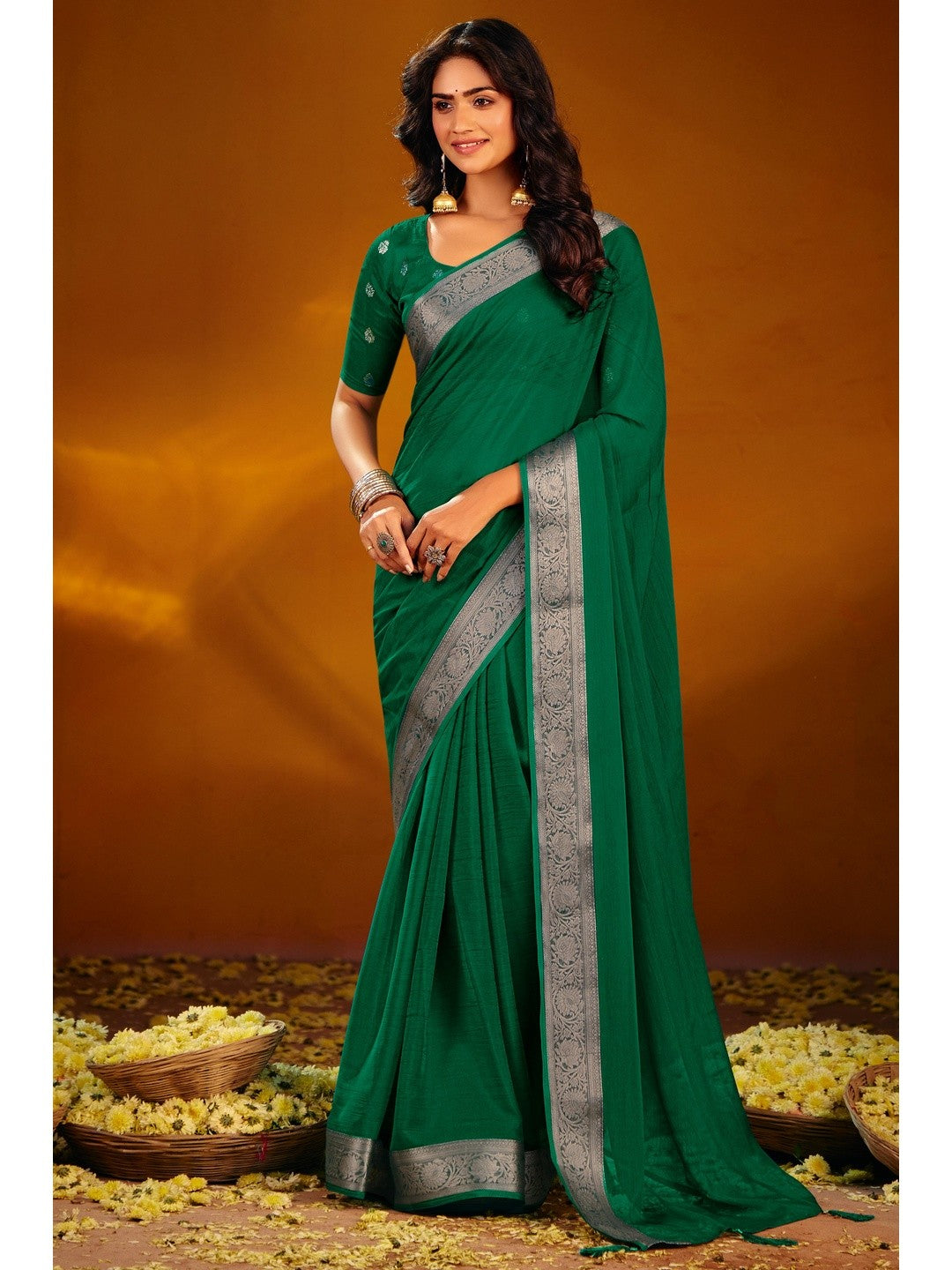 Luxurious Green Solid Chiffon Saree Enhanced By Floral Weaving Jacquard Border - Image 1