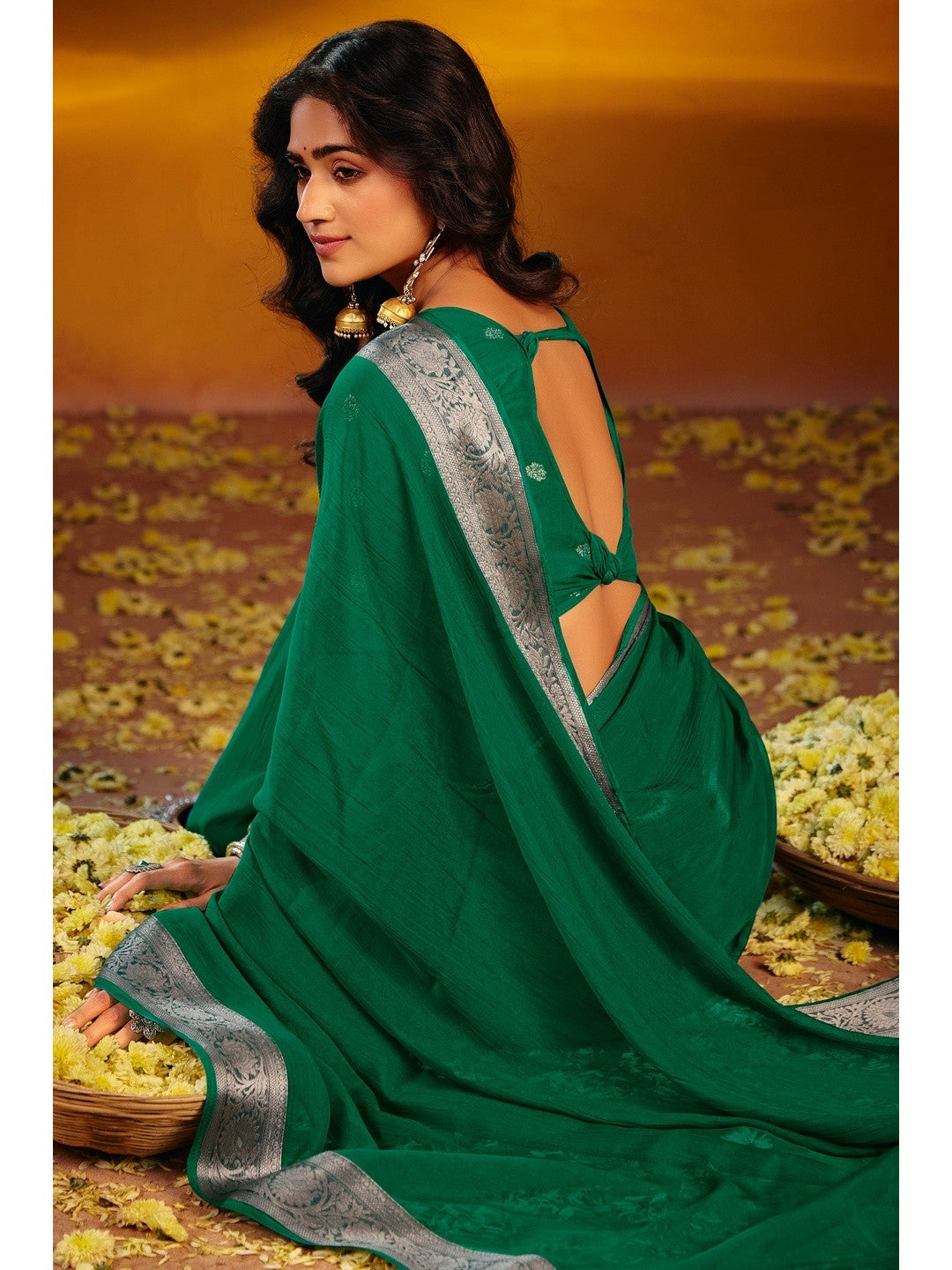 Luxurious Green Solid Chiffon Saree Enhanced By Floral Weaving Jacquard Border - Image 3