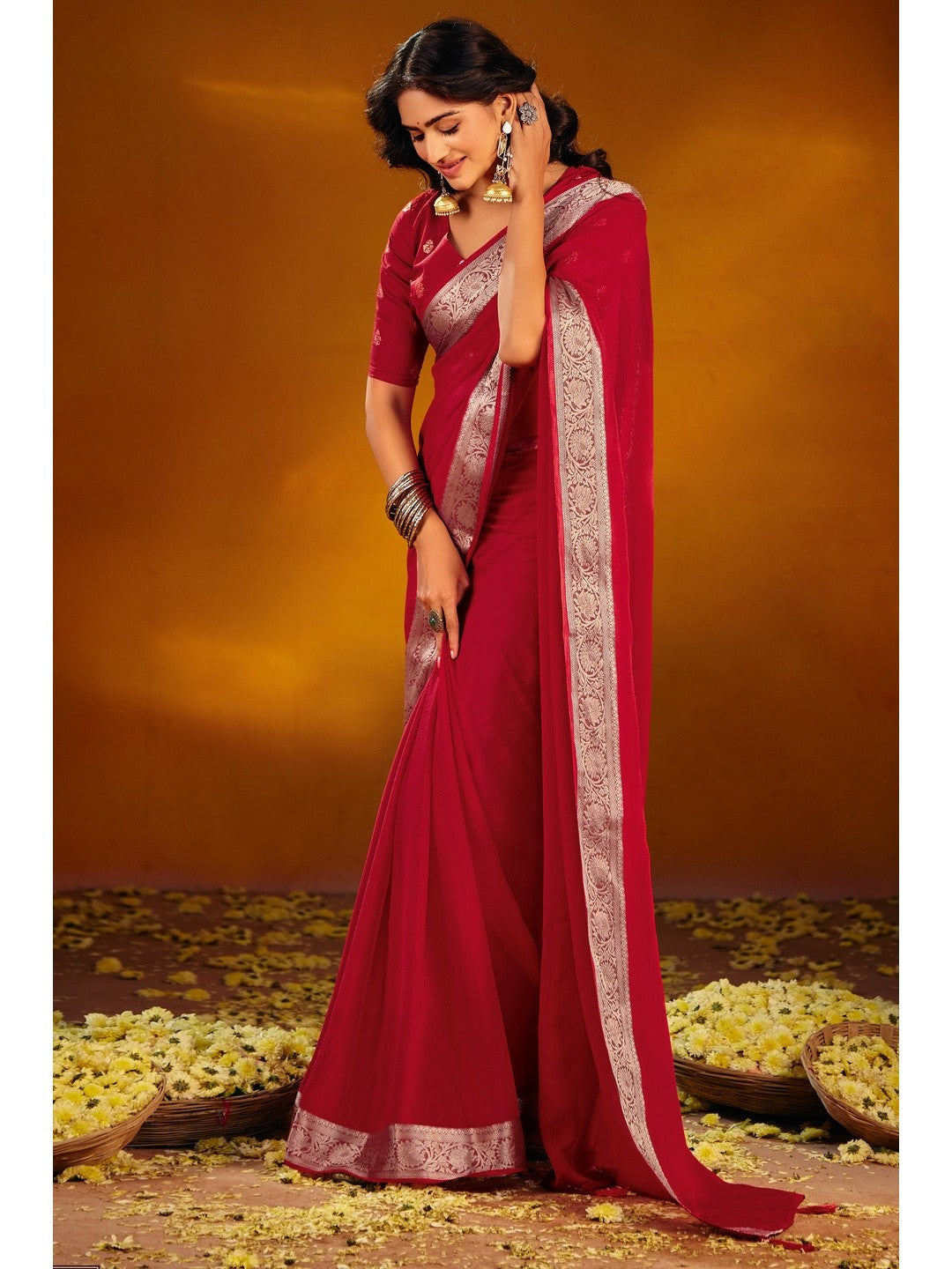 Luxurious Red Solid Chiffon Saree Enhanced By Floral Weaving Jacquard Border - Image 1