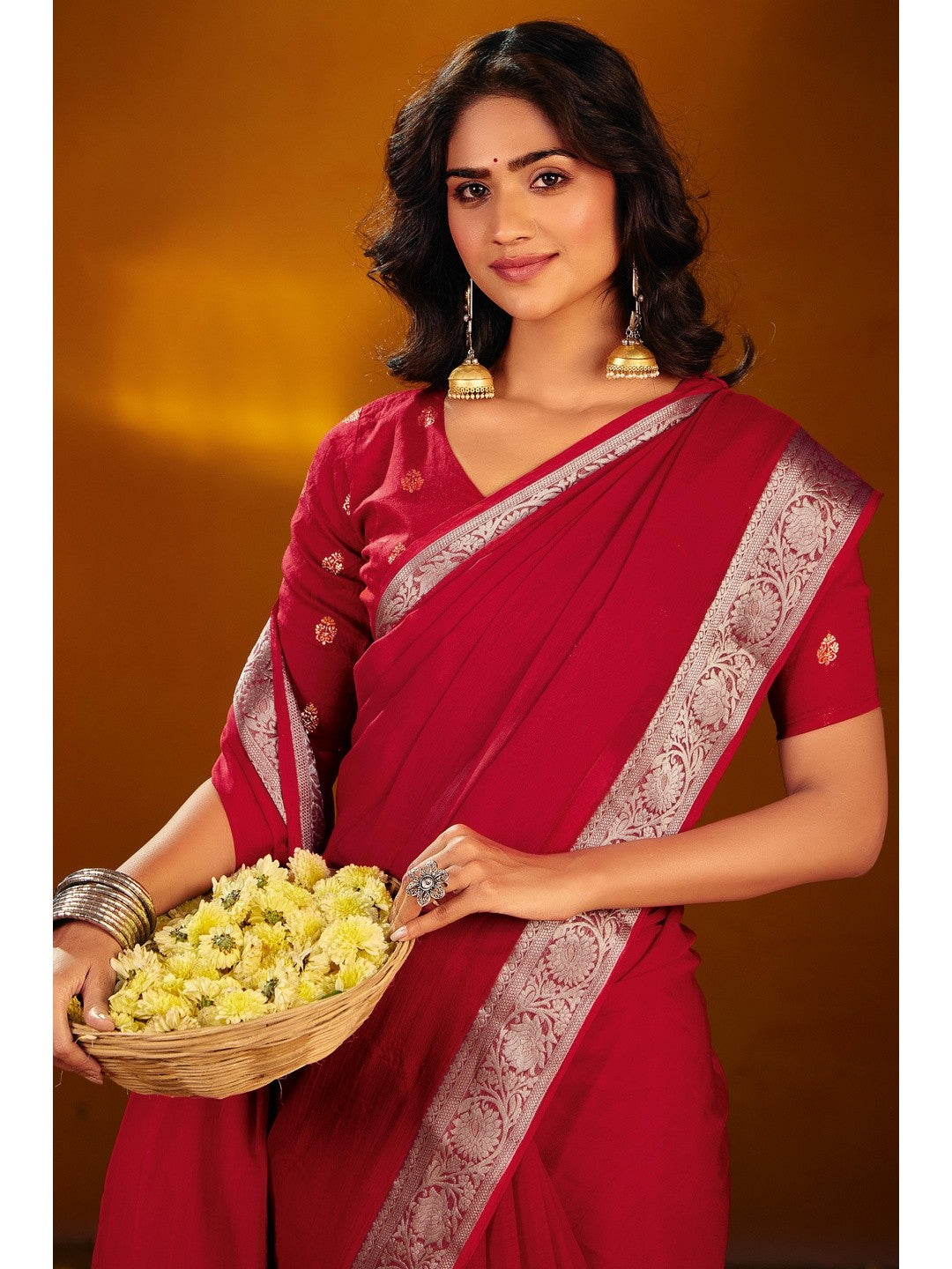 Luxurious Red Solid Chiffon Saree Enhanced By Floral Weaving Jacquard Border - Image 3