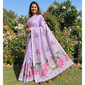 Elegant Lavender Pichwai Printed Linen Saree with Tassel Details - Image 1