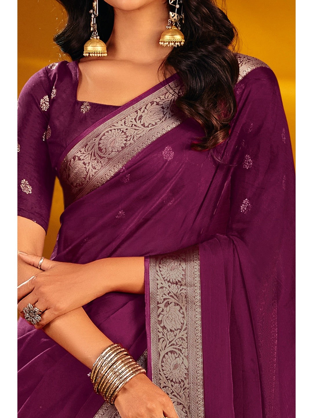 Luxurious Wine Solid Chiffon Saree Enhanced By Floral Weaving Jacquard Border - Image 2