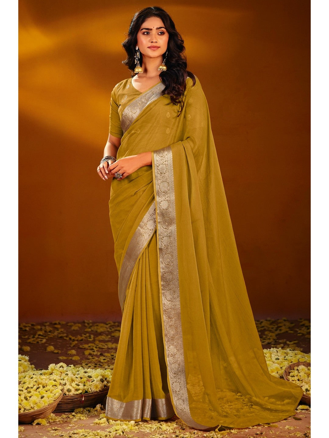 Luxurious Mustard Solid Chiffon Saree Enhanced By Floral Weaving Jacquard Border - Image 1