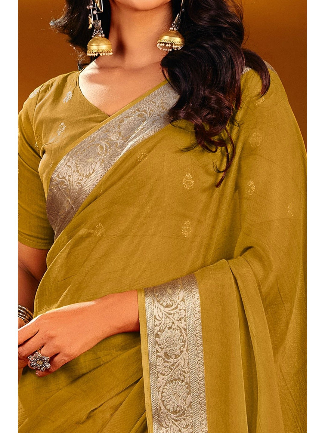 Luxurious Mustard Solid Chiffon Saree Enhanced By Floral Weaving Jacquard Border - Image 2