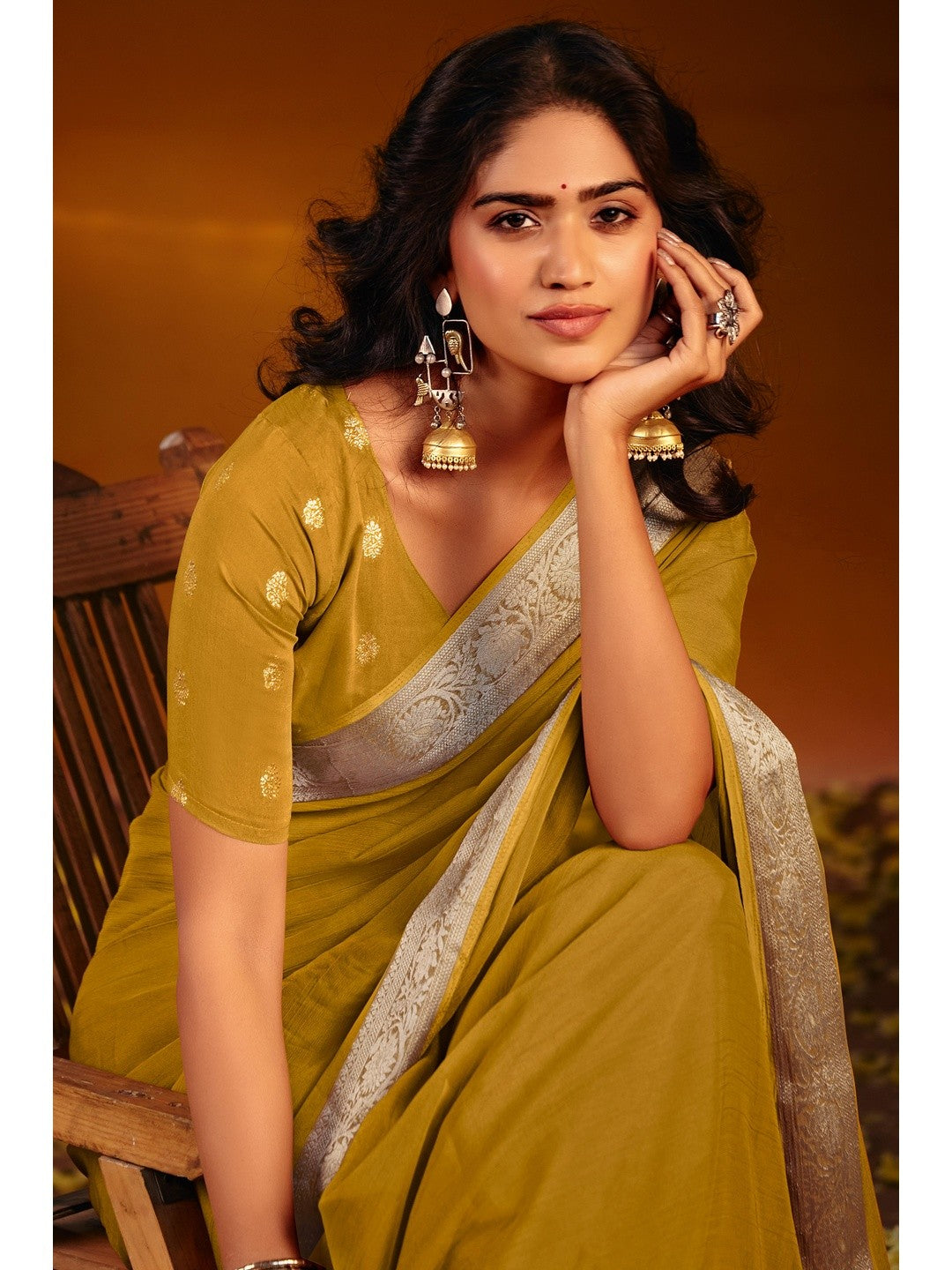 Luxurious Mustard Solid Chiffon Saree Enhanced By Floral Weaving Jacquard Border - Image 3