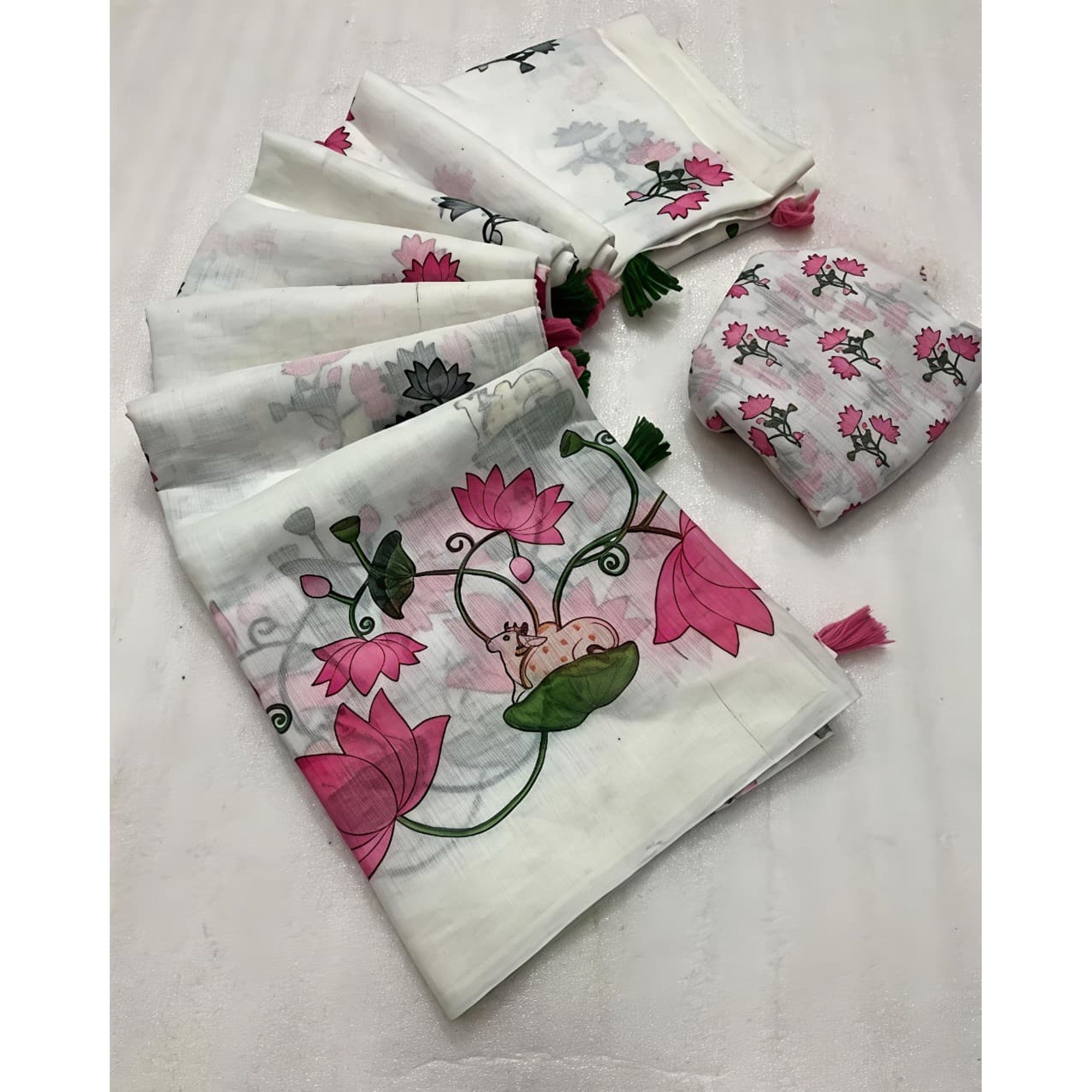 Elegant White Linen Saree with Pichwai Lotus Print and Tassel Detail - Image 1