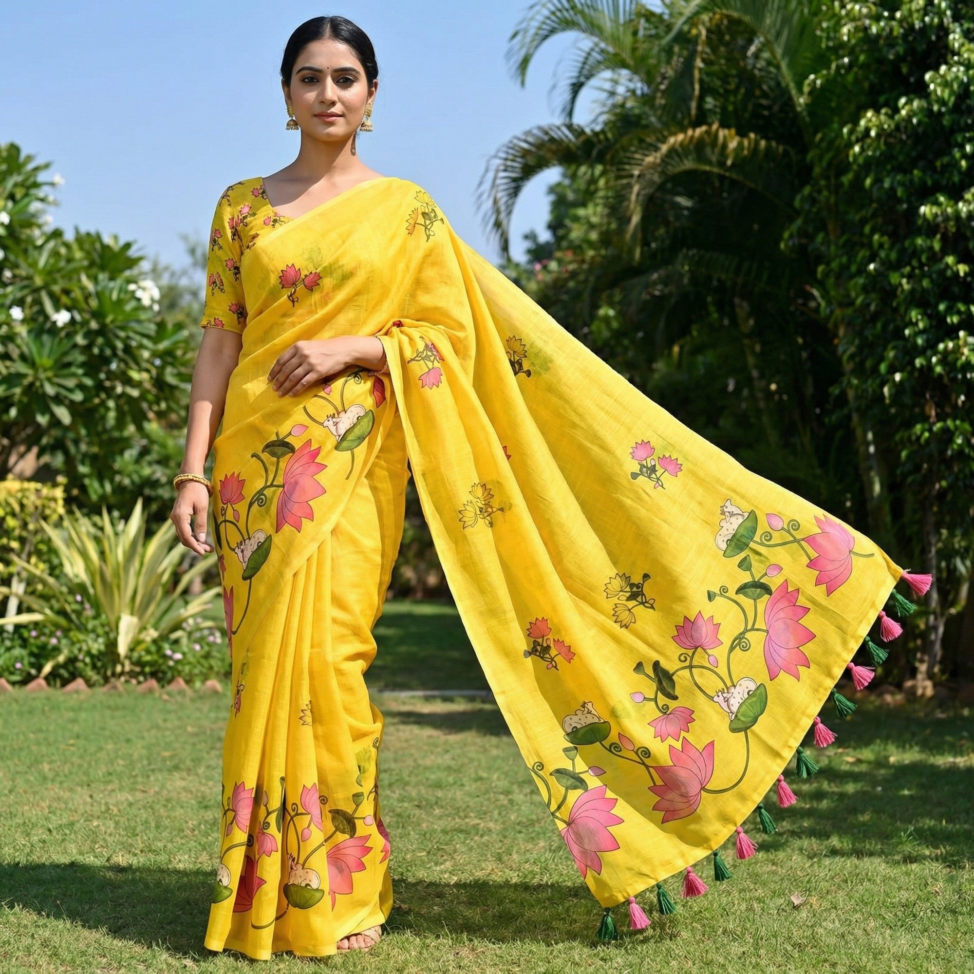 Elegant Yellow Pichwai Printed Linen Saree with Tassel Details - Image 1