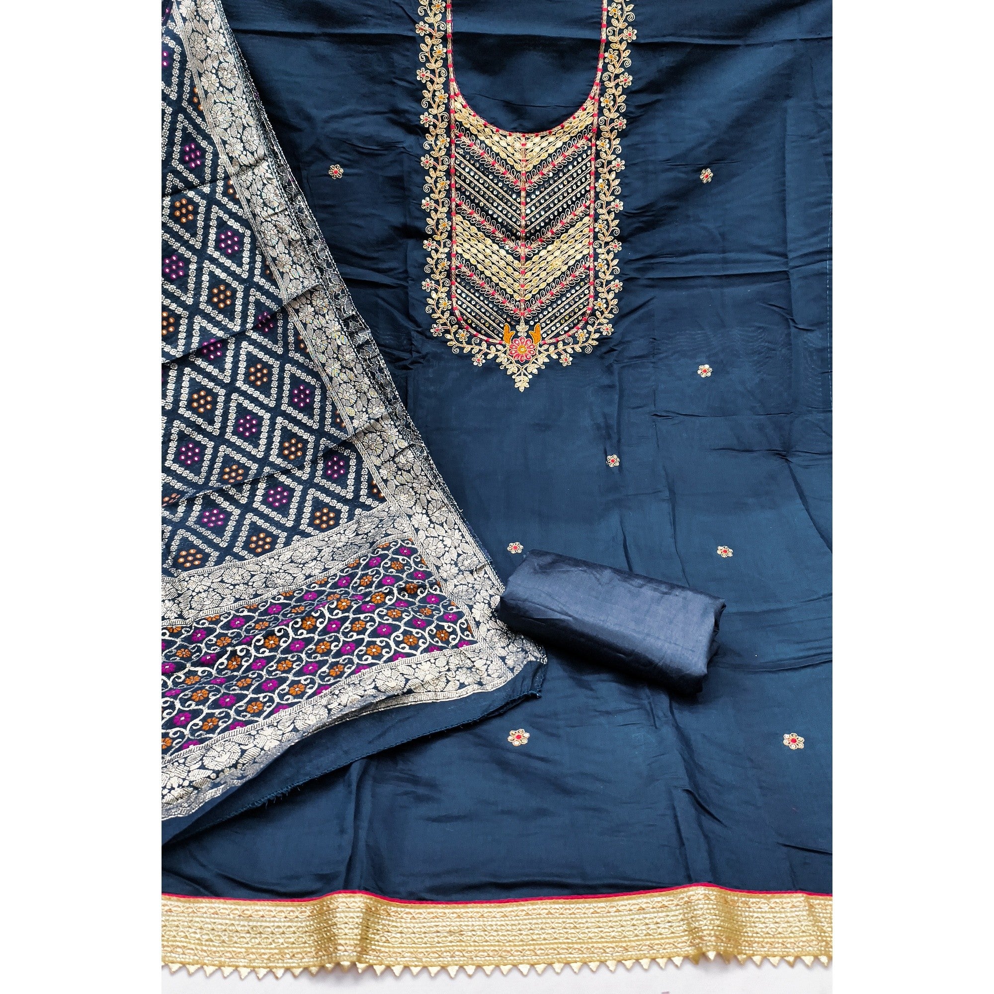 Graceful Navy Blue Cotton Silk Dress Material With Floral Cording Embroidery & Sparkling Sequins - Image 3