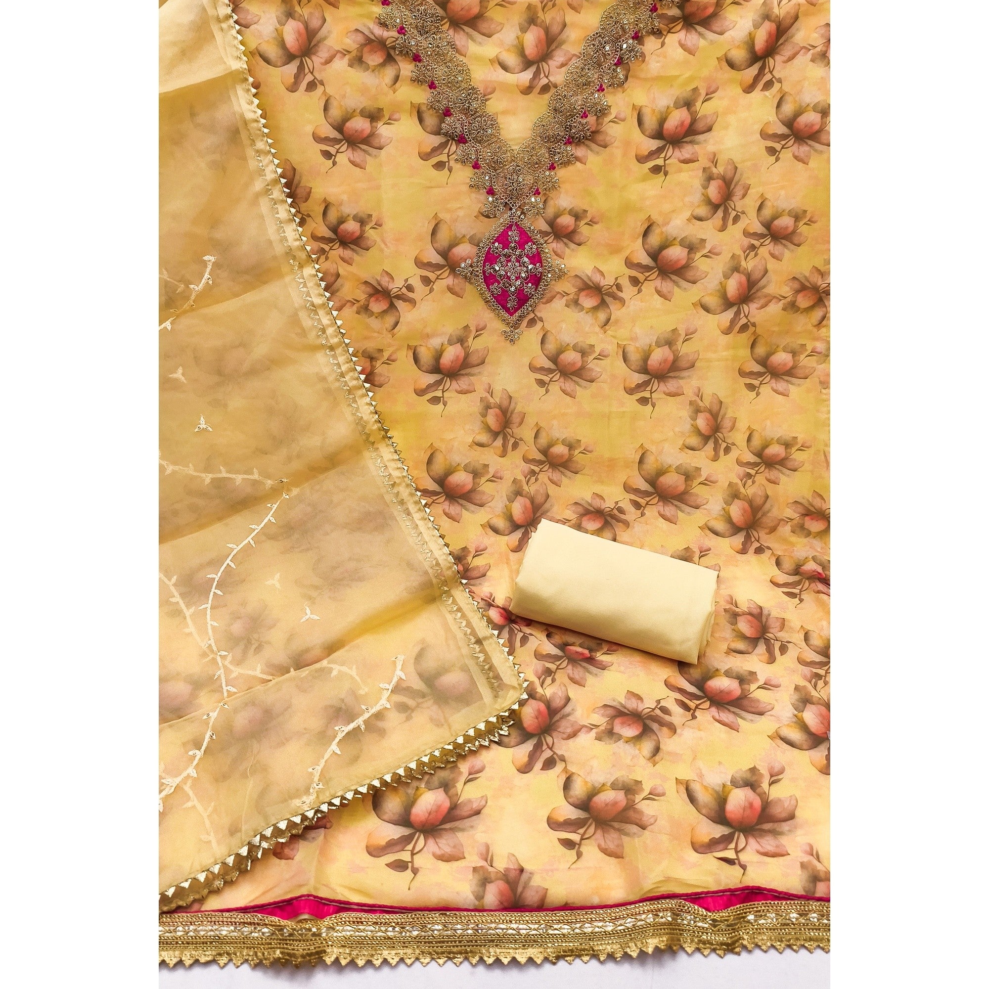 Yellow Floral Digital Printed Organza Dress Material Featuring Exquisite Cording Embroidery Work - Image 4