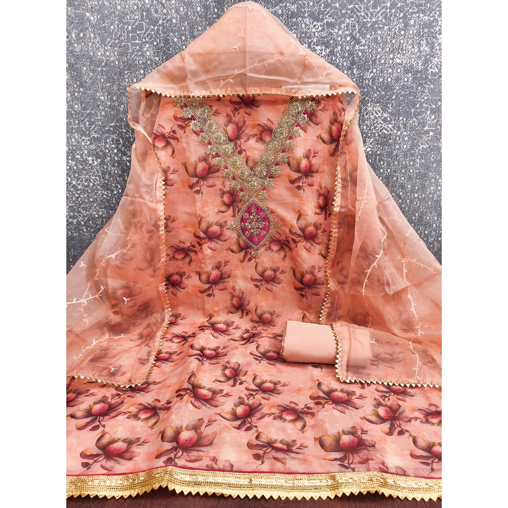 Peach Floral Digital Printed Organza Dress Material Featuring Exquisite Cording Embroidery Work - Image 3