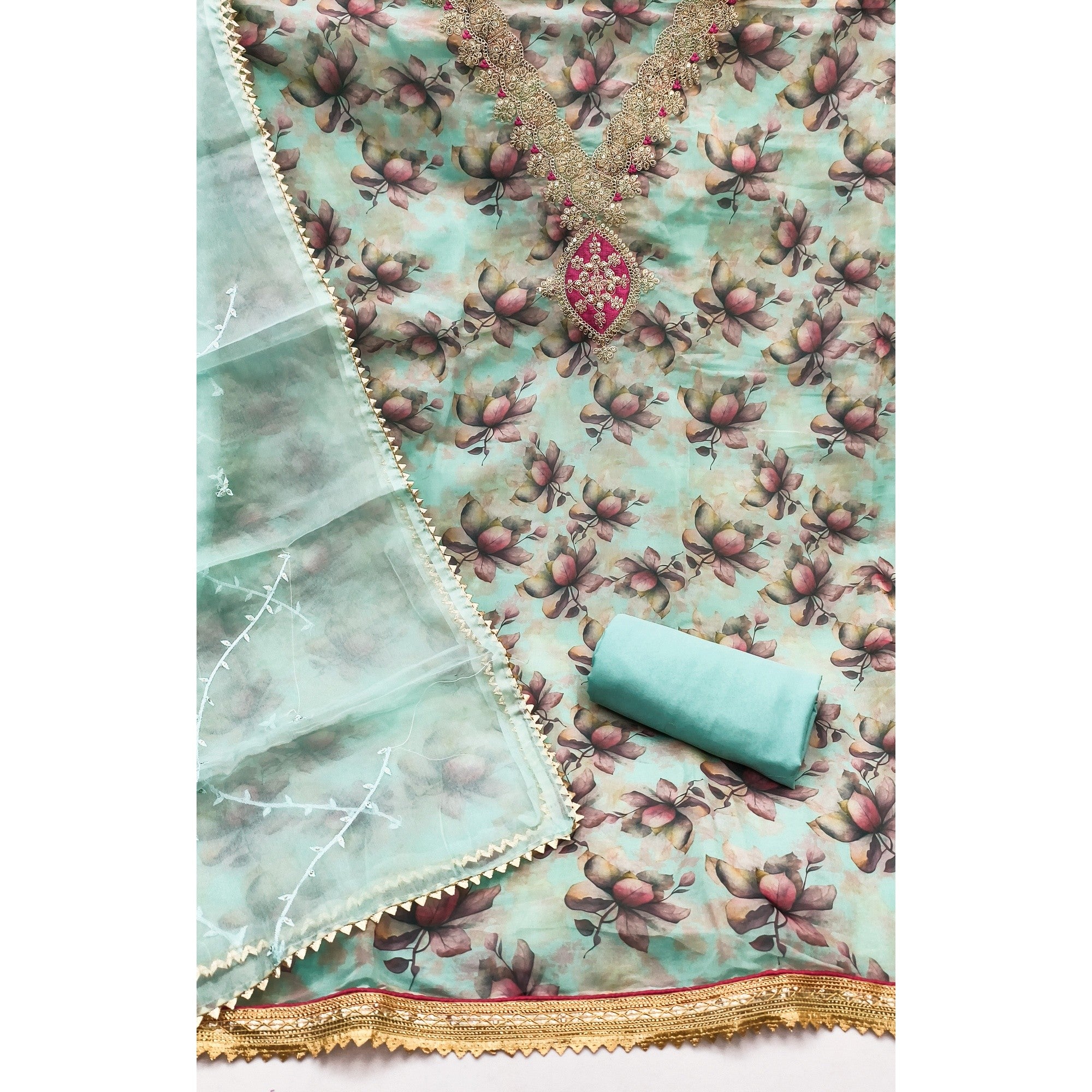 Turquoise Floral Digital Printed Organza Dress Material Featuring Exquisite Cording Embroidery Work - Image 4