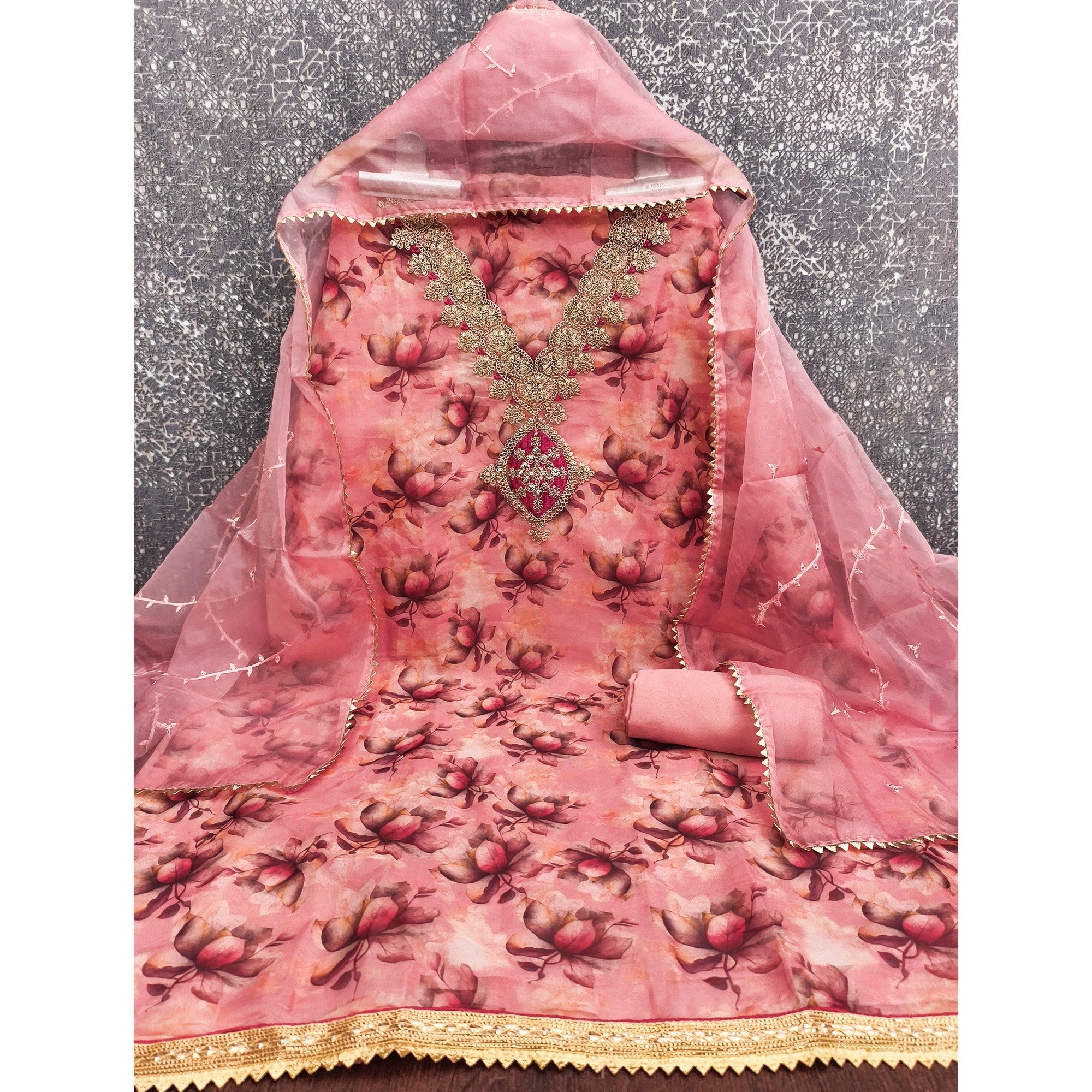 Pink Floral Digital Printed Organza Dress Material Featuring Exquisite Cording Embroidery Work - Image 3