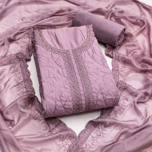 Premium Lavender Cotton Silk Dress Material Enhanced With Delicate Thread Embroidery & Handwork - Image 1