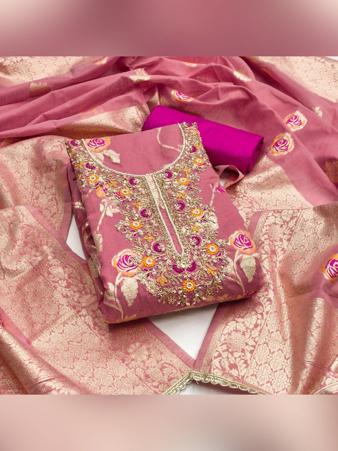 Graceful Pink Floral Woven Banarasi Silk Dress Material Featuring Intricate Cording Embroidery - Image 3