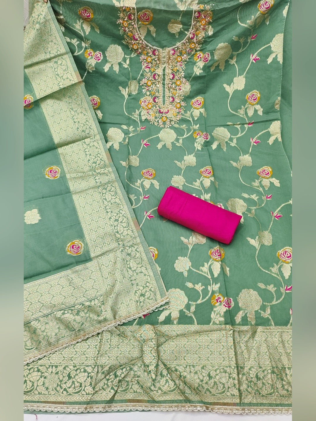 Graceful Green Floral Woven Banarasi Silk Dress Material Featuring Intricate Cording Embroidery - Image 3