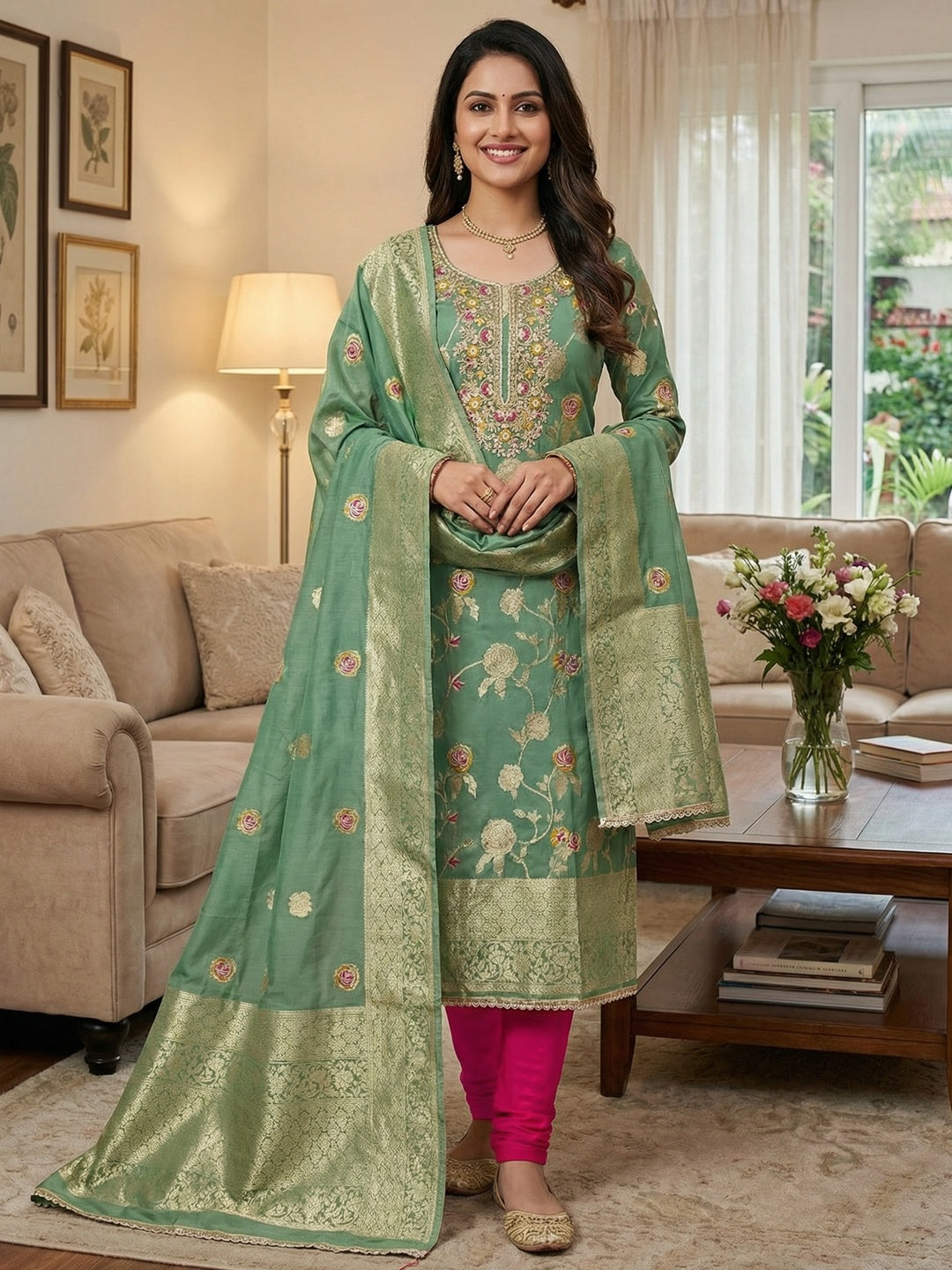 Graceful Green Floral Woven Banarasi Silk Dress Material Featuring Intricate Cording Embroidery - Image 1