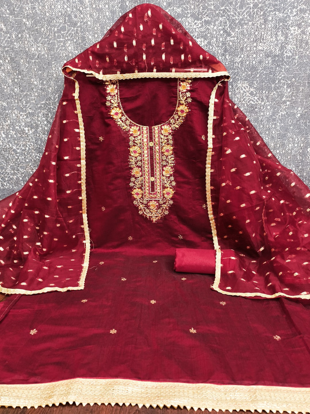 Maroon Chanderi Silk Dress Material Showcasing Floral Embroidery & Artisanal Gota Patti Work - Image 4